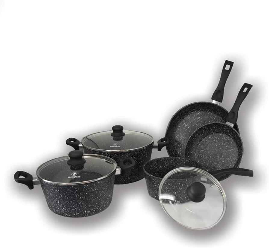 JUEGO DE OLLAS ANTIADHERENTE (8 PIEZAS) MÁRMOL MANGO NEGRO- WESTINGHOUSE